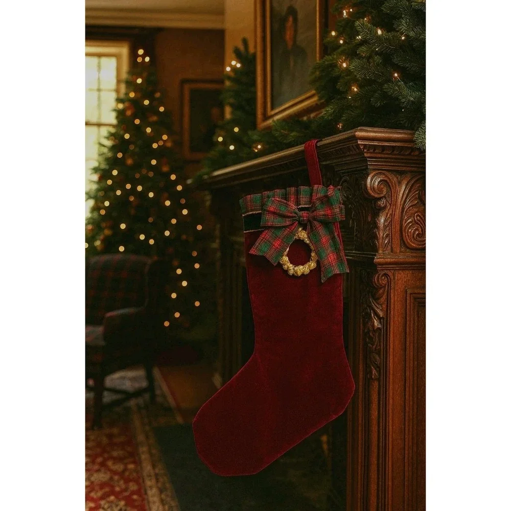 VTG Burgundy Velvet Christmas Stocking Tartan Plaid  Gold Wreath Picture Frame‎
